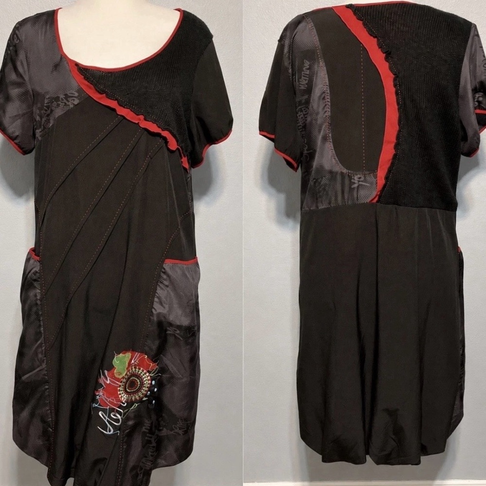 Taillissime Art To Wear Dress Black Red Embroidered Pocket Tunic Bubble Hem 18W